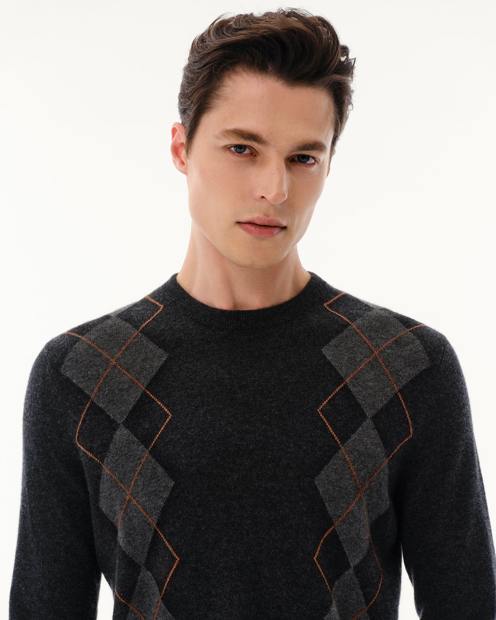 Men's 100% Cashmere Argyle Crew Neck Sweater