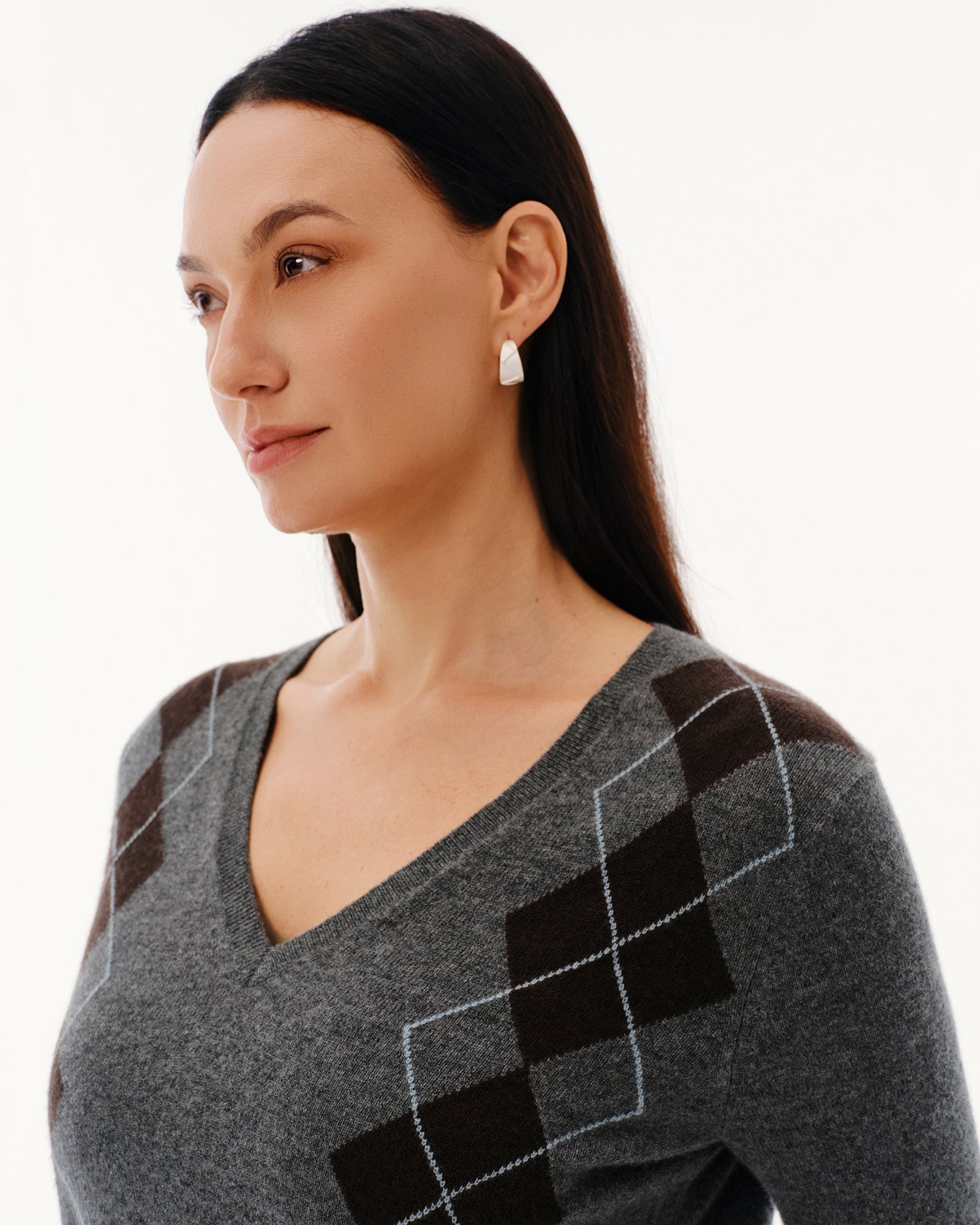 Women's 100% Pure Cashmere Argyle V-Neck Sweater