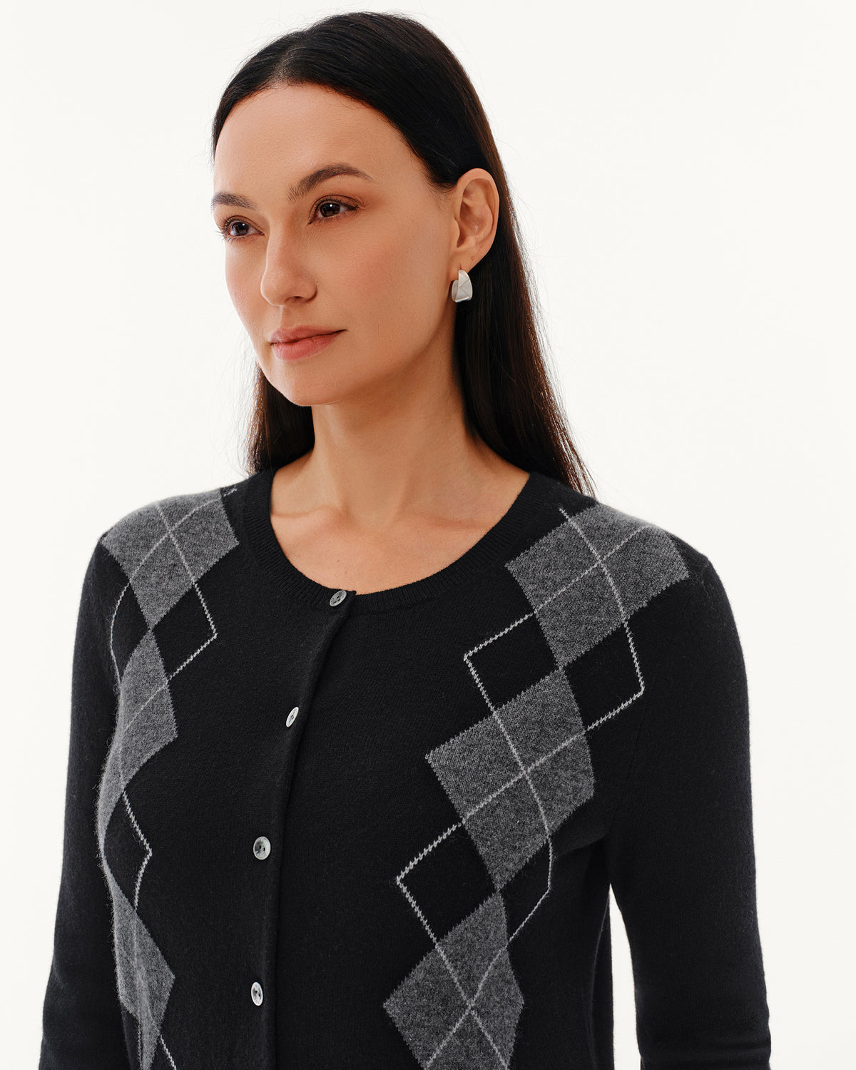 Women's 100% Pure Cashmere Argyle Crew Neck Cardigan
