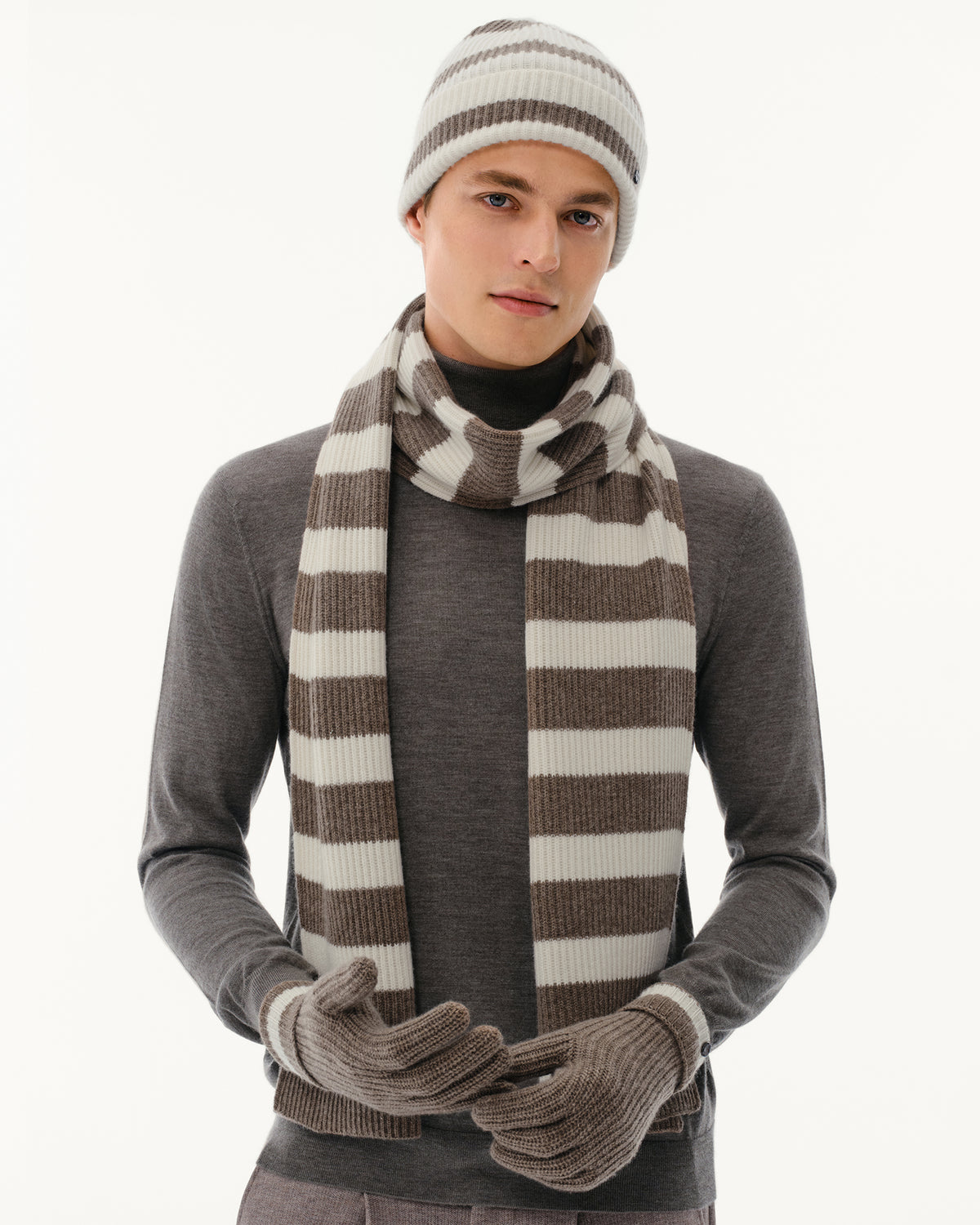 Wool-Cashmere Striped Hat, Scarf &amp; Gloves Set
