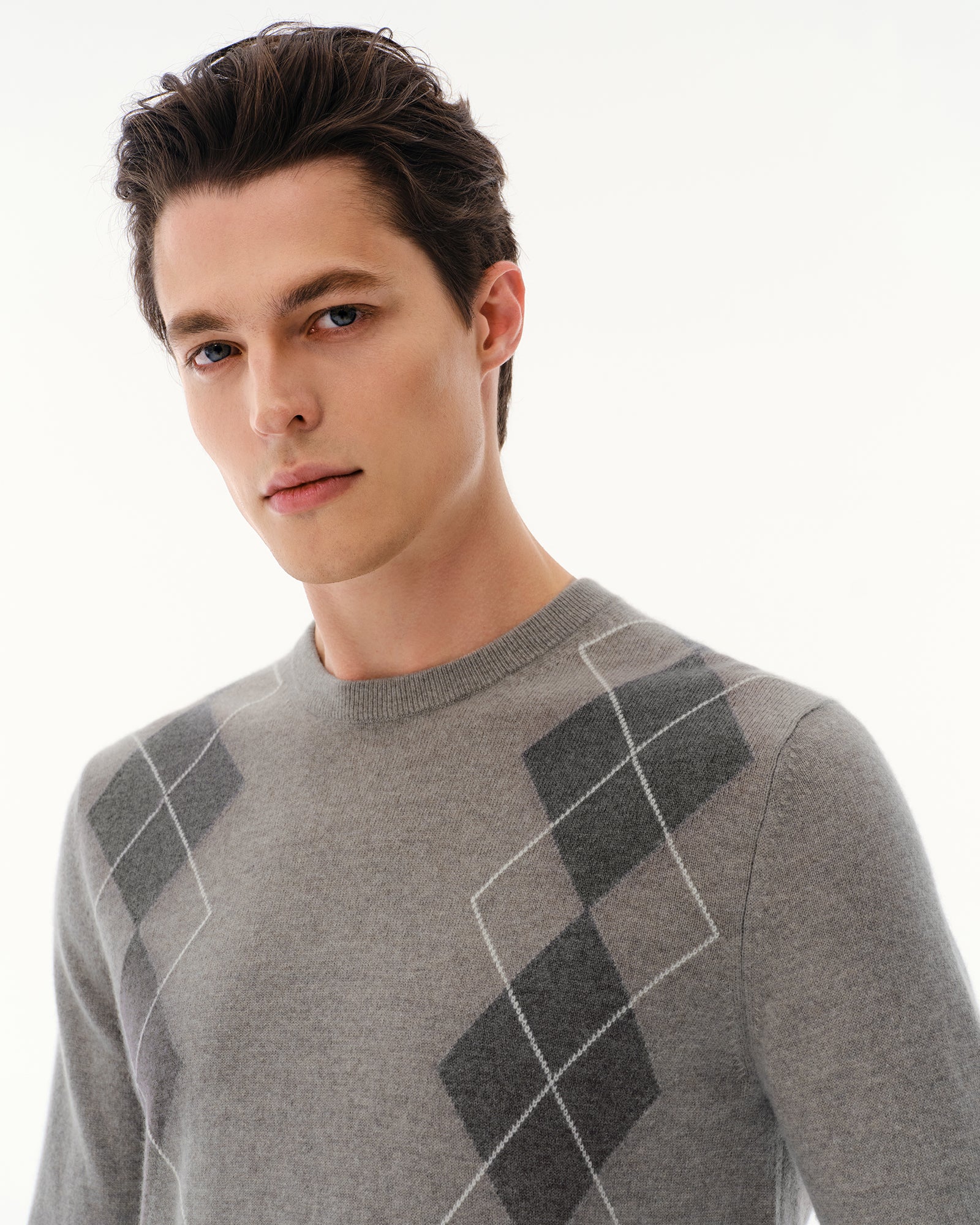 Men's 100% Cashmere Argyle Crew Neck Sweater
