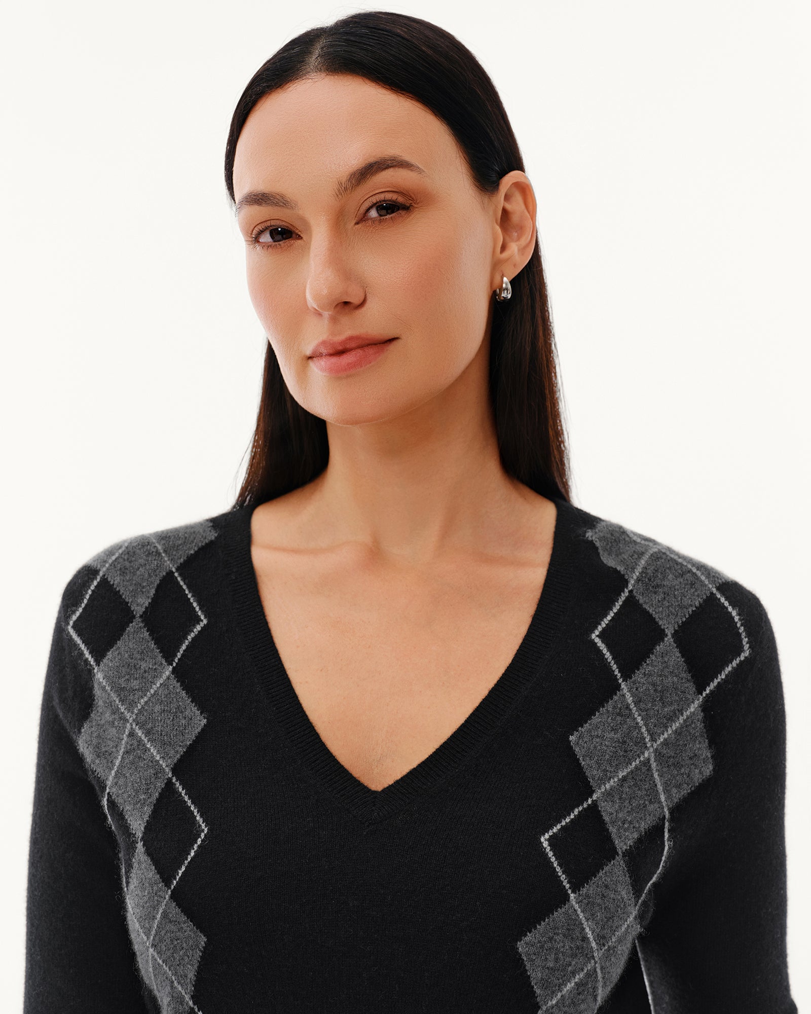 Women's 100% Pure Cashmere Argyle V-Neck Sweater