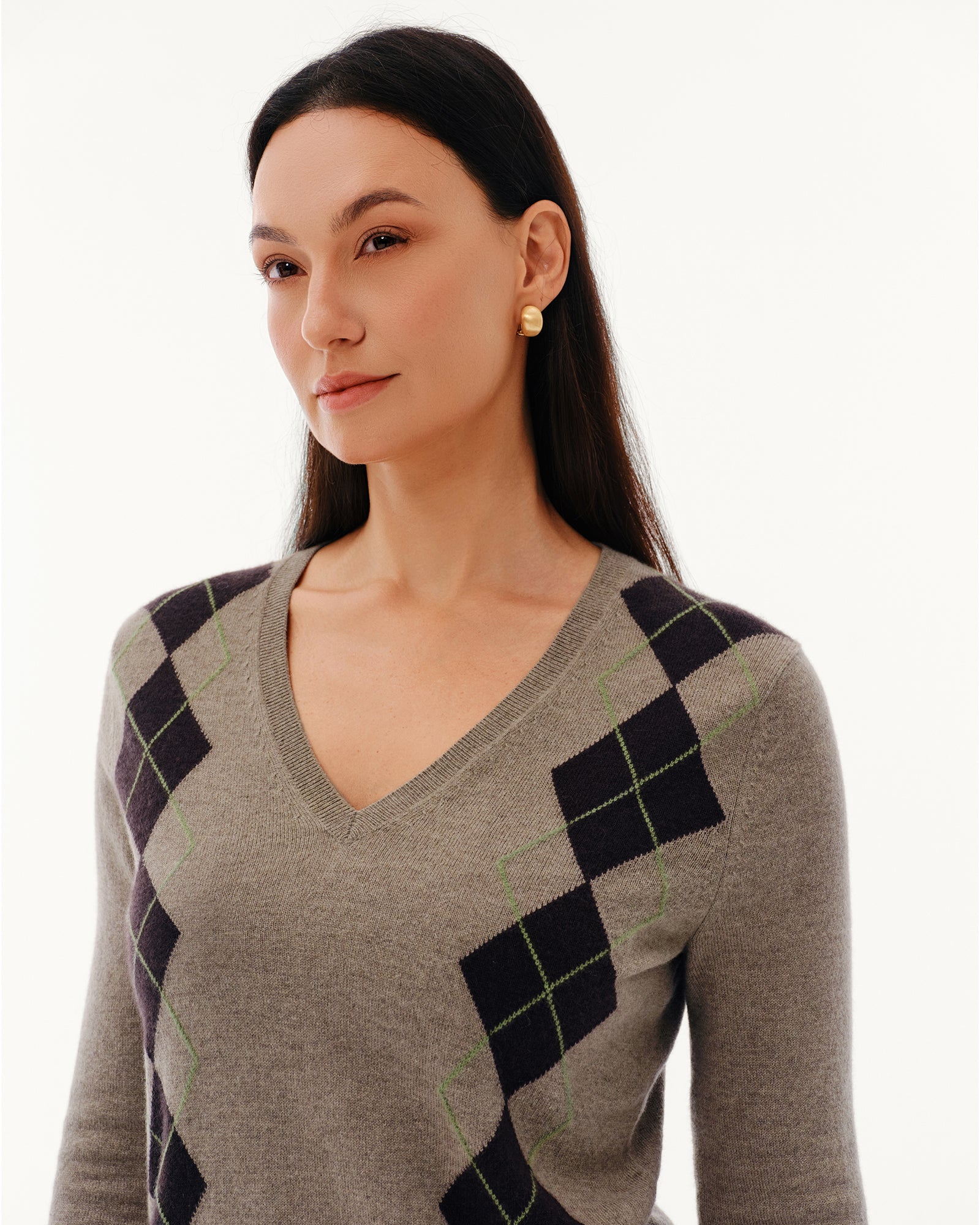 Women's 100% Pure Cashmere Argyle V-Neck Sweater