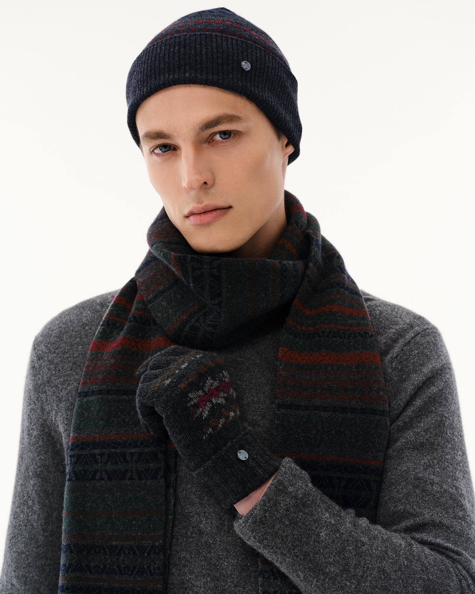 Men's Wool-Cashmere Fair Isle Hat, Scarf &amp; Gloves Set