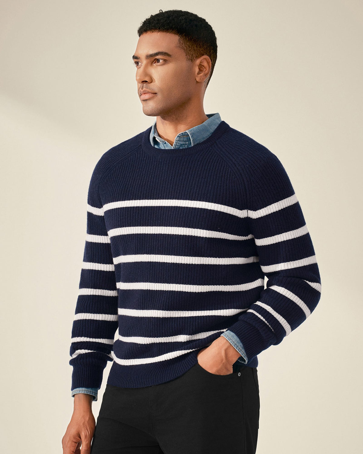 Classic 100% Cashmere Striped Crewneck Sweater