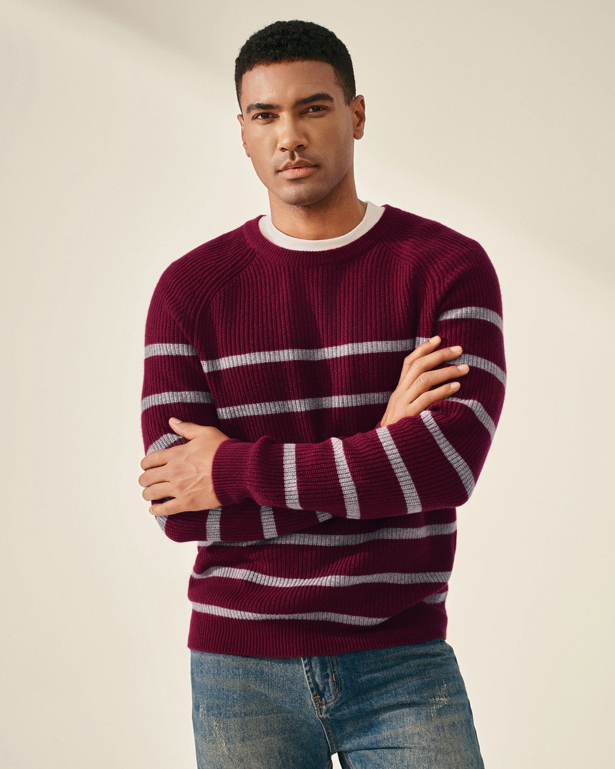 Classic 100% Cashmere Striped Crewneck Sweater