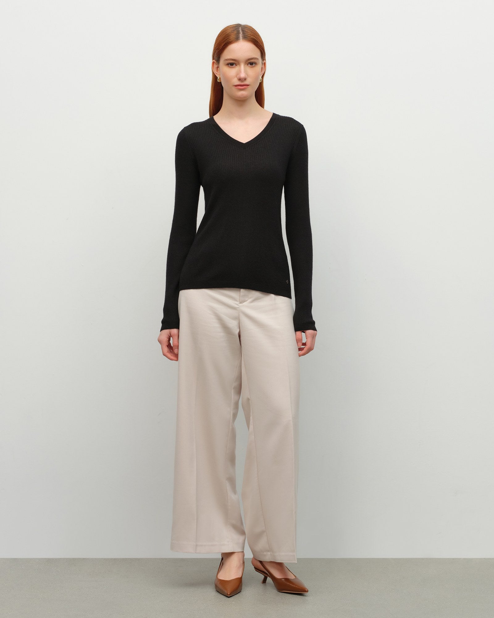 Soft Ribbed V-Neck Cashmere Sweater