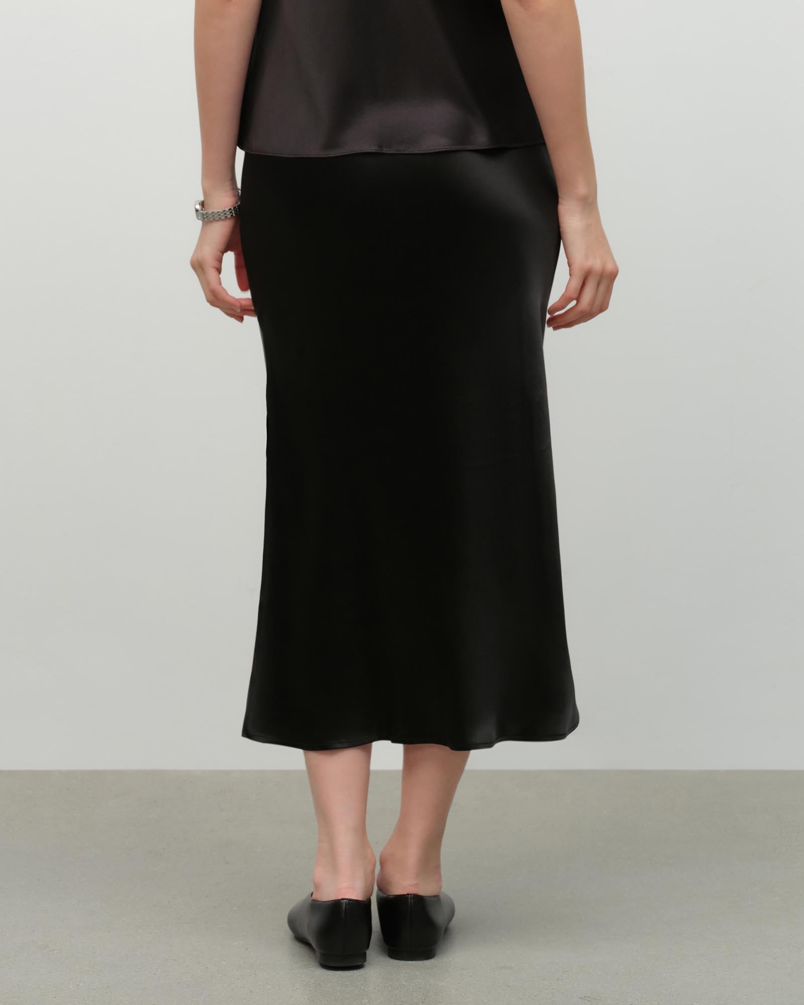 black silk midi skirt