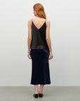 navy silk midi skirt