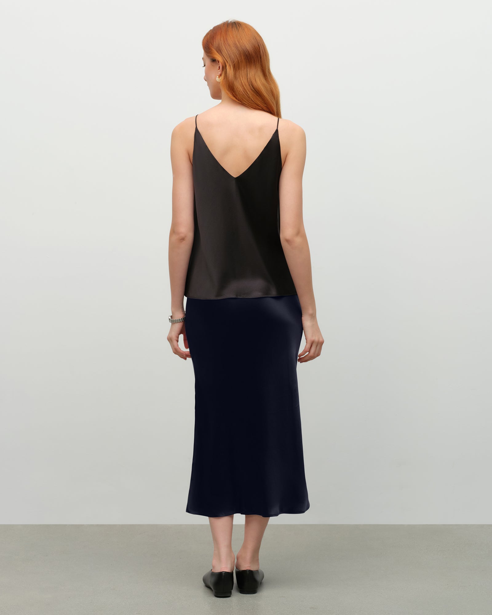 navy silk midi skirt